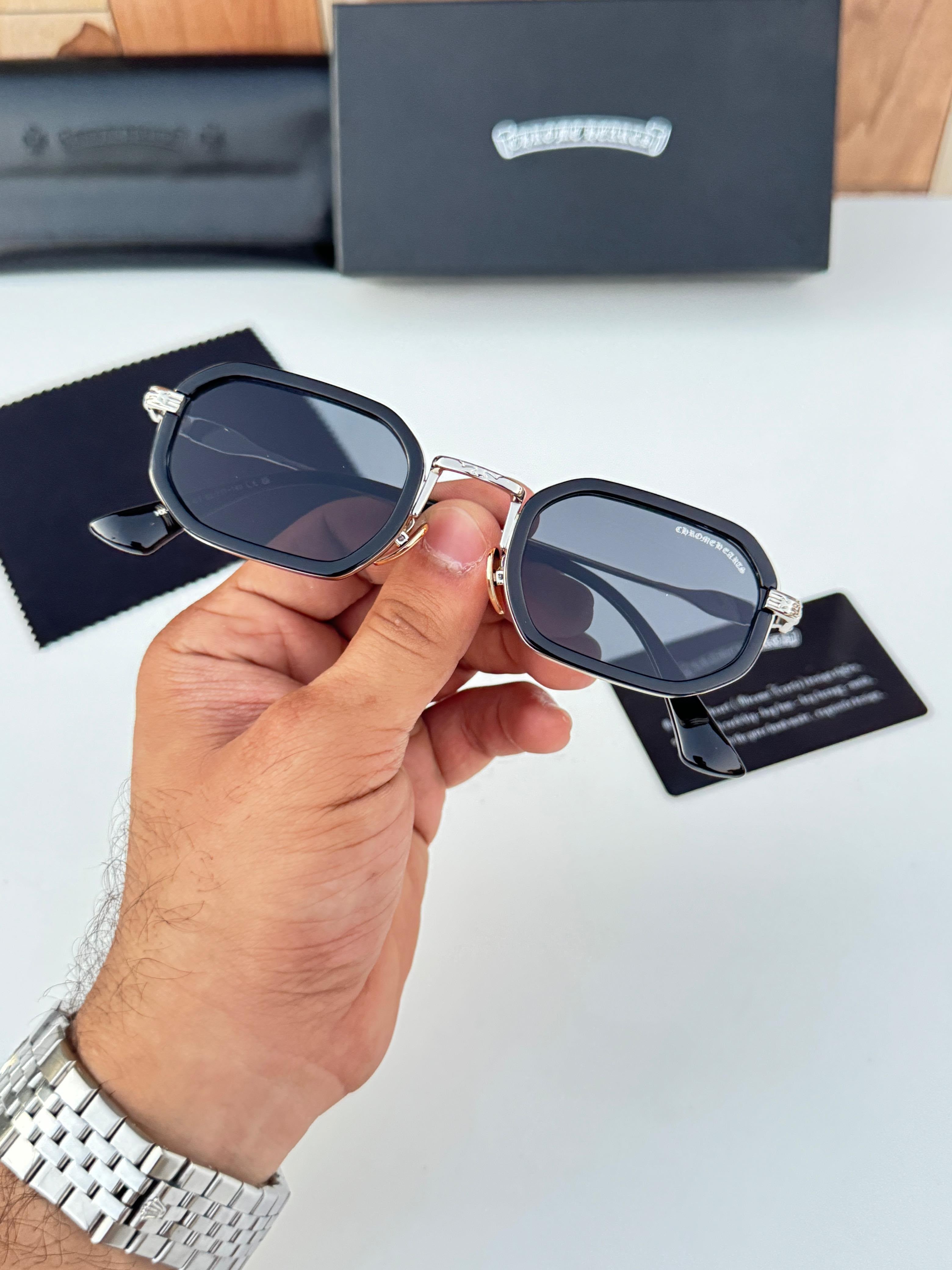 Chr_ome heart silver black sunglasses with box kit